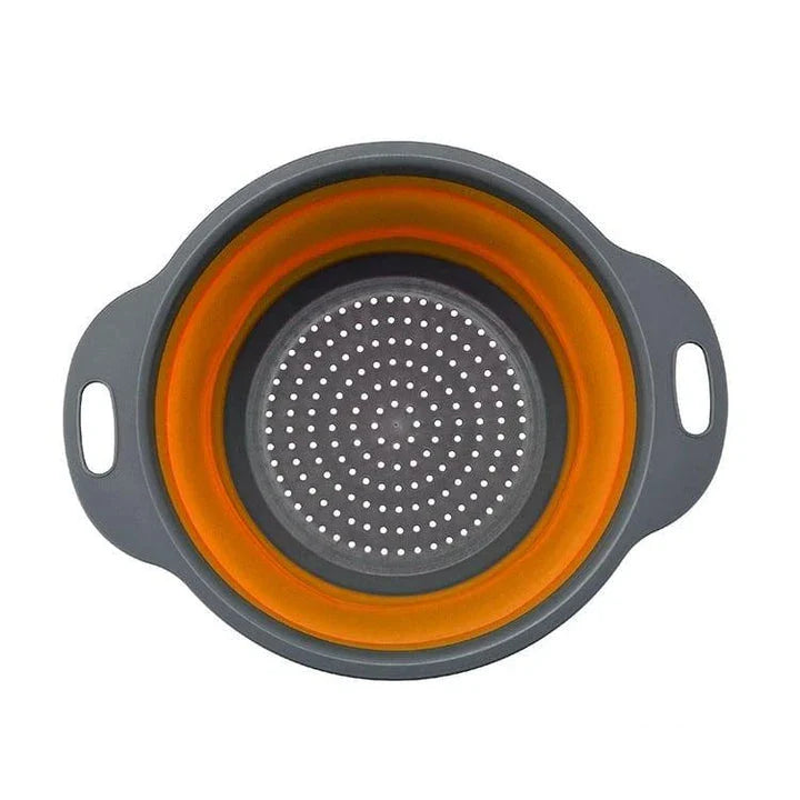 A vibrant, colourful folding colander made with durable food-grade materials for efficient straining and compact storage in the kitchen.