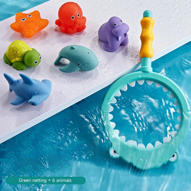 A set of colourful, floating bath toys including a fishing pole and net for interactive play