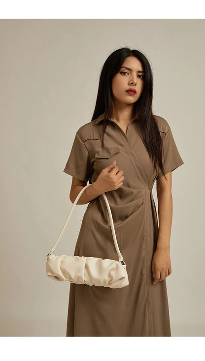 Pleated fashion one-shoulder diagonal handbag in various colours including white, yellow, green, black, and light blue