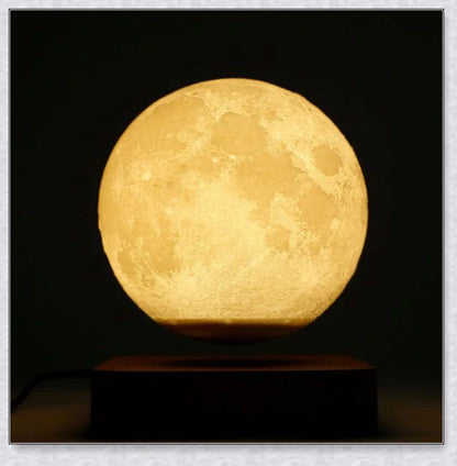 Lunamen Magnetic Levitating Moon Lamp with detailed lunar surface and floating above magnetic base