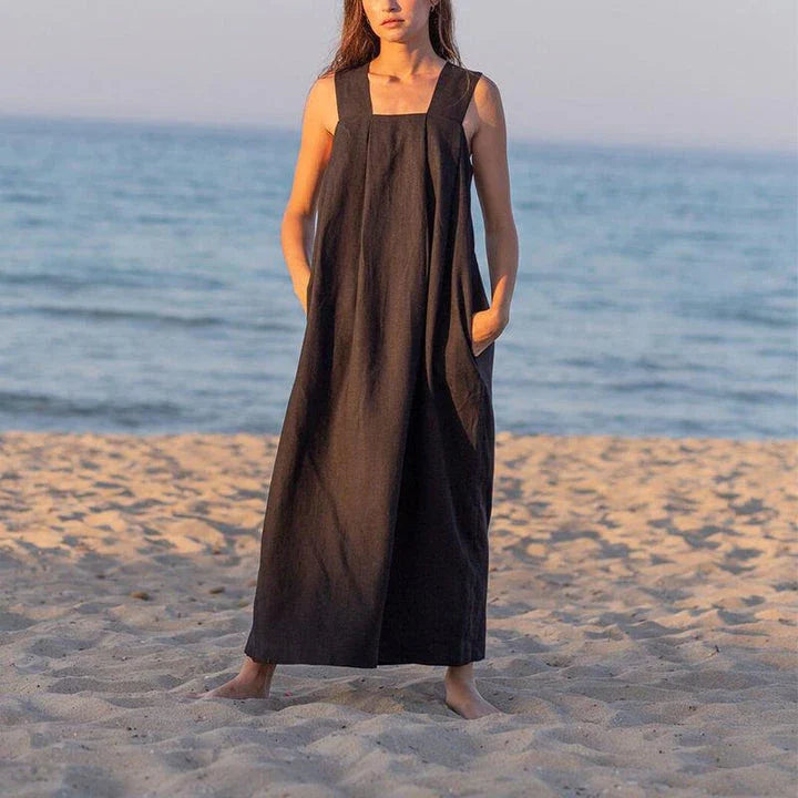 Elegant square neck sleeveless midi sundress in a flowing A-line silhouette, made of breathable cotton-linen blend fabric for comfortable summer style.