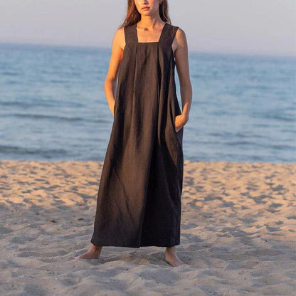 Elegant square neck sleeveless midi sundress in a flowing A-line silhouette, made of breathable cotton-linen blend fabric for comfortable summer style.