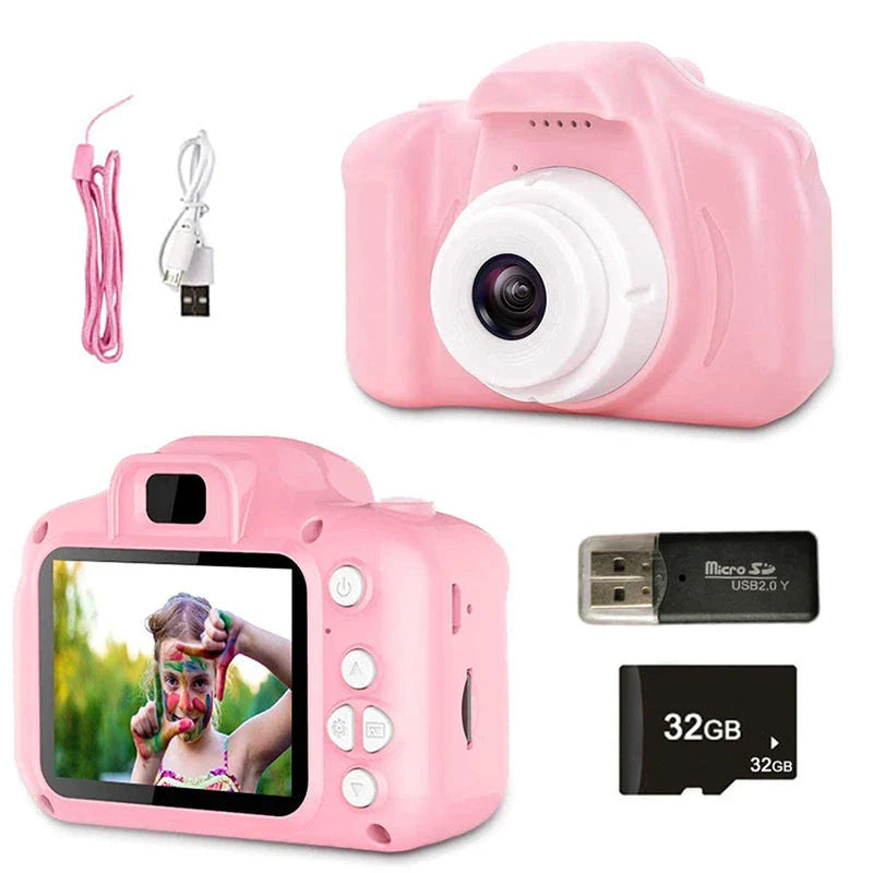 A pink kids' digital video camera with a 2.0-inch TFT screen and simple controls, designed for capturing high-resolution photos and videos