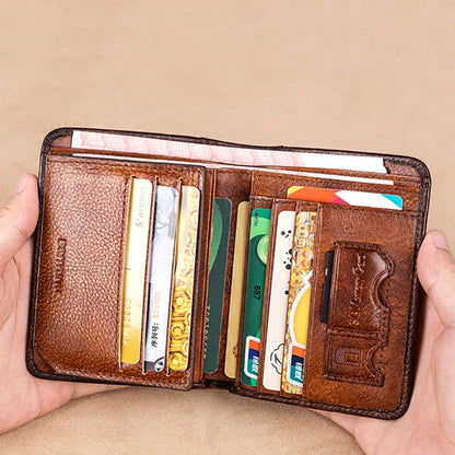 Premium men's short leather wallet with tri-fold design, made from top-grain cowhide leather for exceptional quality and style.