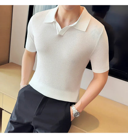 A premium cotton blend polo shirt in classic colours, featuring a v-neck lapel collar and slim fit design for a sophisticated casual look.