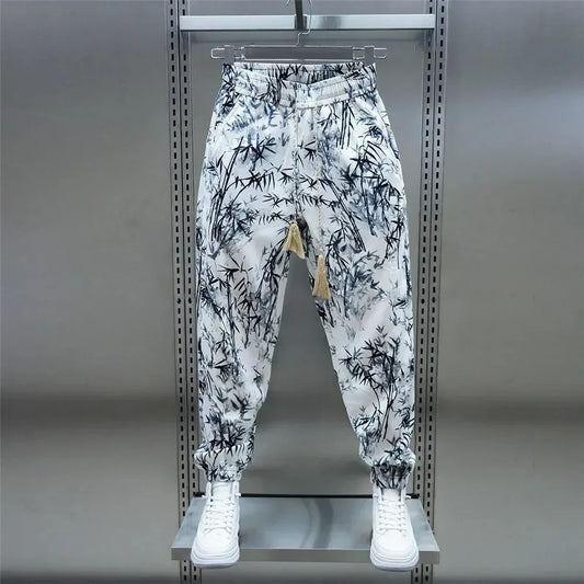 Men's Summer Harem Pants with Floral Print - Relaxed Fit, Lightweight Ice Silk Fabric, Drawstring Waist