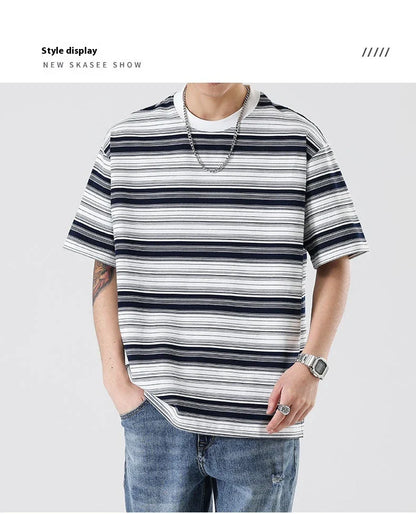Retro contrast color striped teen t-shirt in navy blue, perfect for casual summer looks