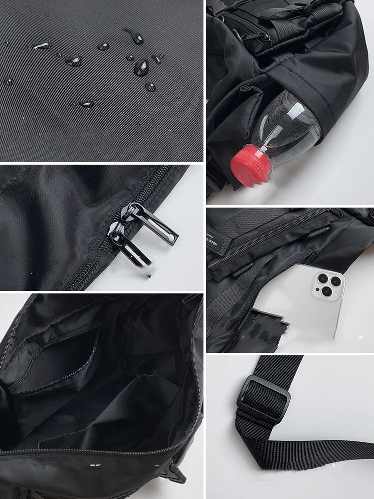 Premium nylon crossbody bag in black with adjustable strap and internal pockets for everyday use