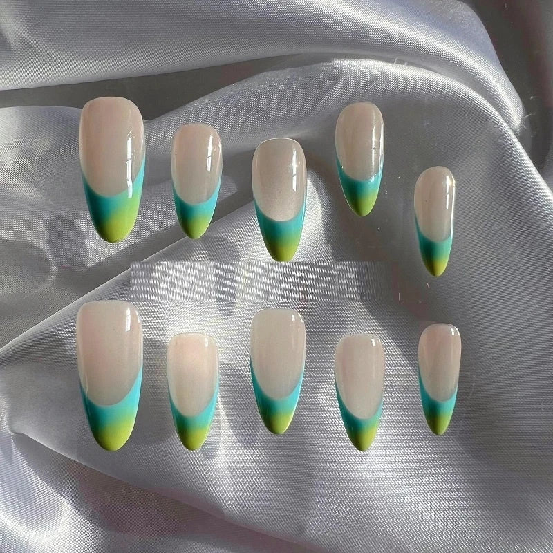 Premium handcrafted almond French manicure wear in blue ocean colour, showcasing a sophisticated and customisable design