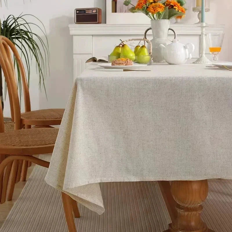 Elegant linen cotton tablecloth in natural flax colour, perfect for weddings, home parties, and dining banquets