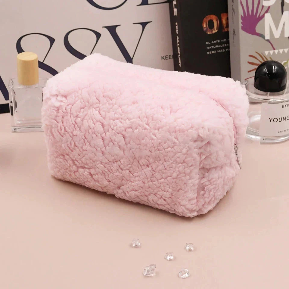 Plush lambswool exterior of the Luxurious Lambswool Multi-Purpose Cosmetic Bag in Khaki colour, with a robust zipper closure and spacious interior for organising makeup and other essentials.