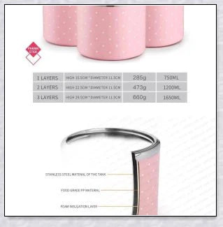 Insulated Hot Food Thermos Lunchbox Tower with multi-layer design and choice of green, pink, blue, or gray colour