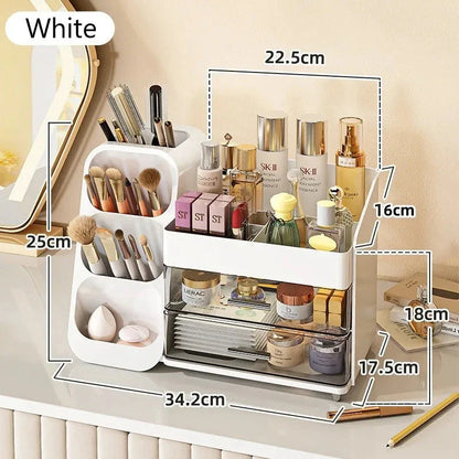 A large makeup organizer with a rotating brush holder and divided tray for storing cosmetics, skincare products, and beauty tools.