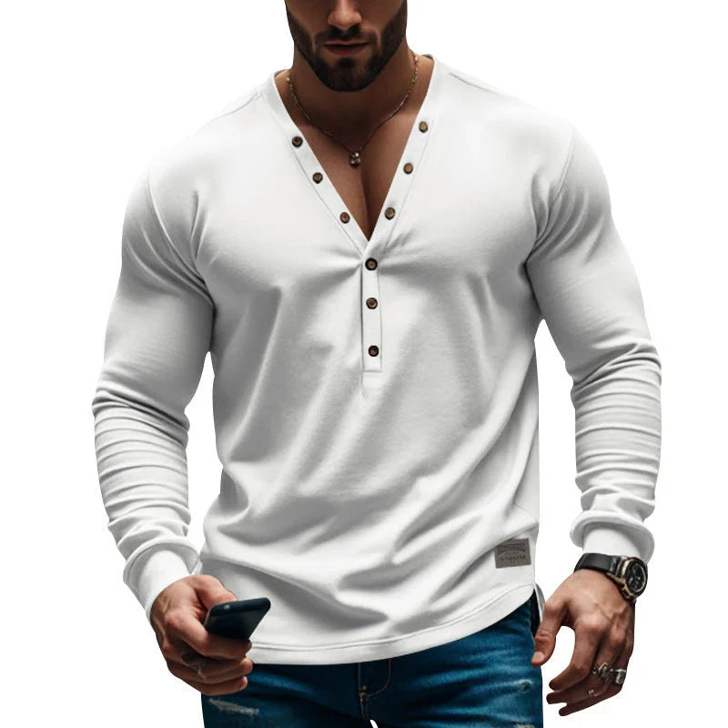 Premium men's slim-fit buttoned v-neck knit top in various colours, showcasing a tailored, sophisticated design