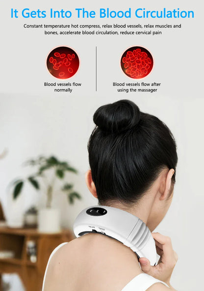 A wireless neck massager with an adjustable design for targeted neck pain relief and muscle relaxation.