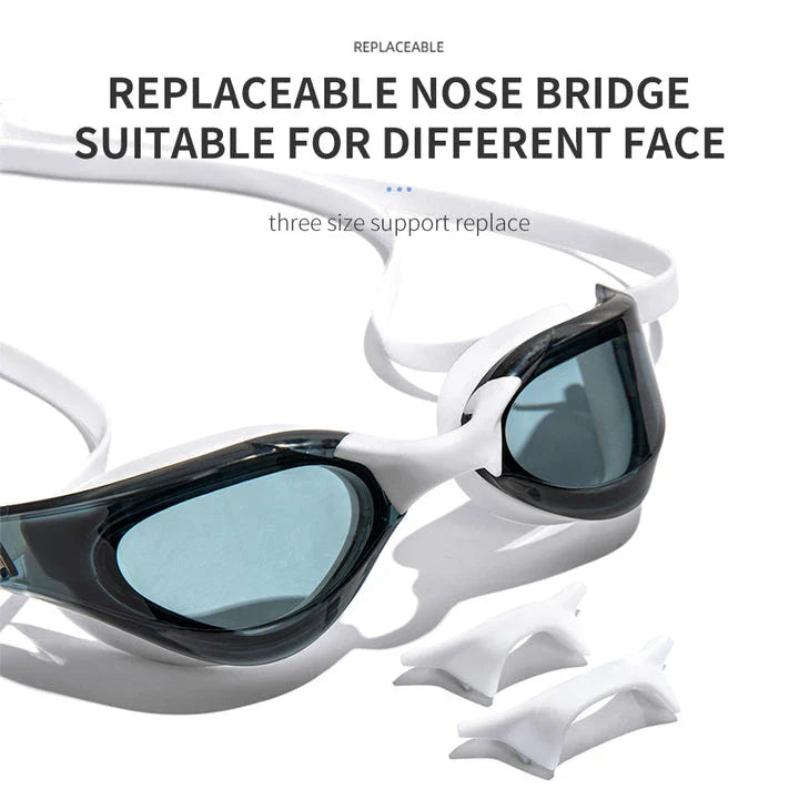 Premium British-made swimming goggles with anti-fog and UV protection technology, designed for clear visibility and comfort in pools, beaches, and water parks.