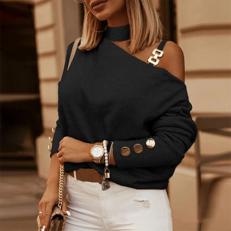 Stylish long sleeve top with diagonal shoulder chain embellishment in black, navy, and burgundy colours