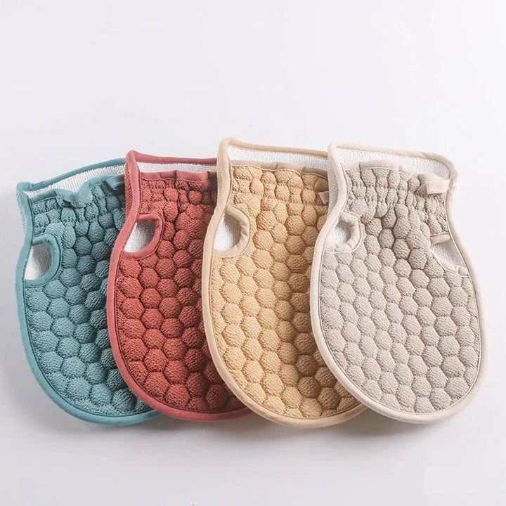 Premium Fingerless Bath Towel Gloves in Beige, featuring a double-sided design for gentle exfoliation and deep cleansing