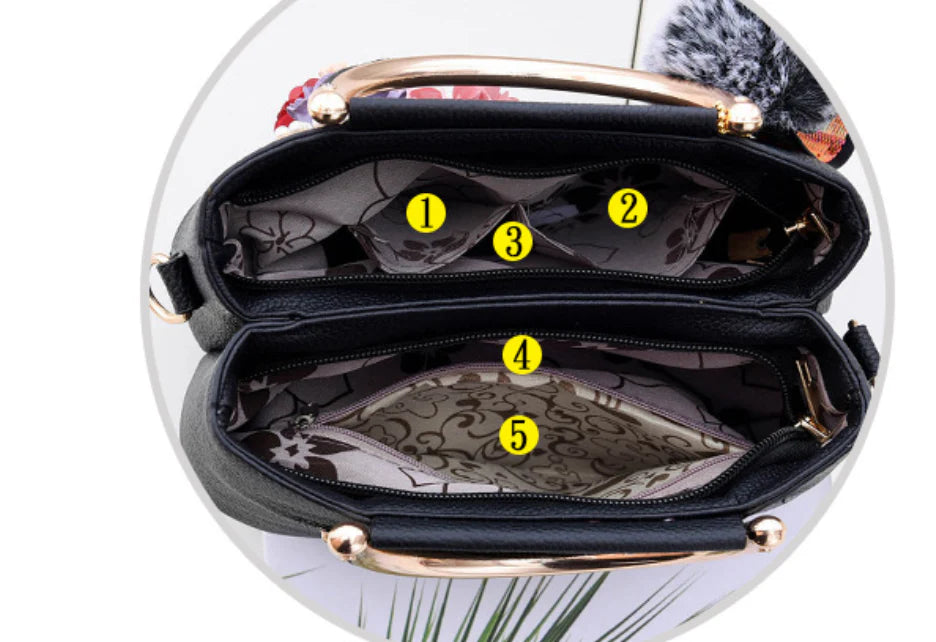 Elegant leather tote bag with delicate flower embellishments, perfect for modern British fashion