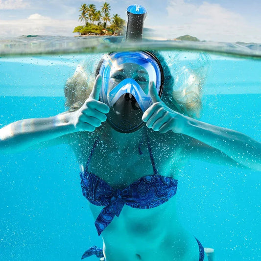 Premium full face anti-fog snorkel mask with wide 180-degree viewing and adjustable camera mount
