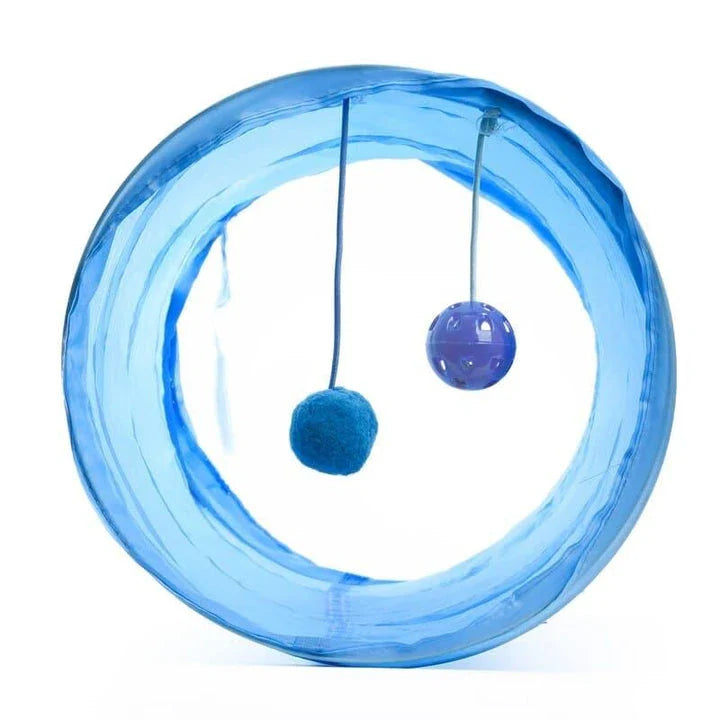 Colourful tunnel toy for cats with two bouncing balls, made from premium nylon and polyester materials