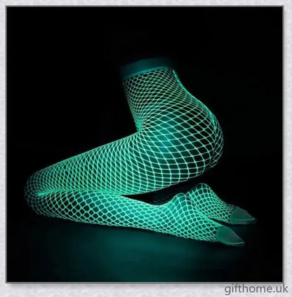 Pair of radiant fishnet stockings emitting a luminous glow, perfect for parties and festivals