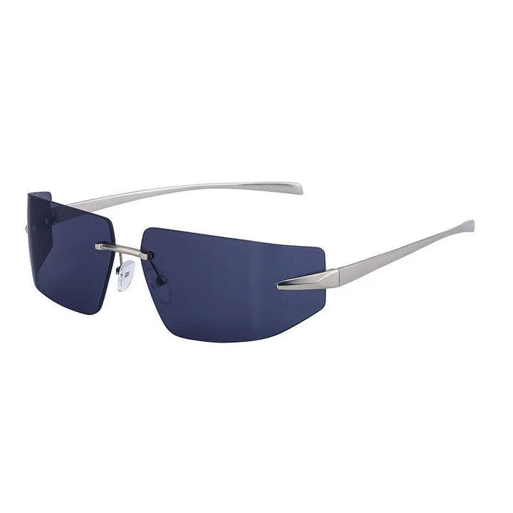 Elegant rimless rectangular sunglasses with a sleek, minimalist design and contemporary silhouette