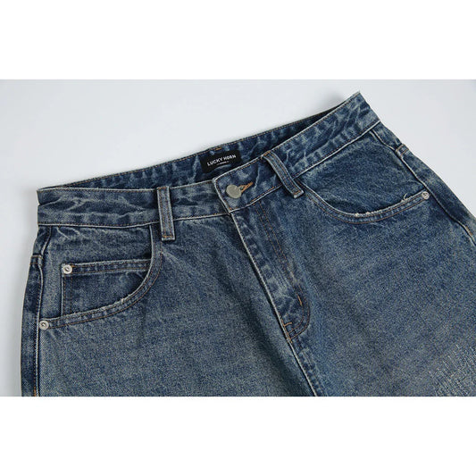 Autumn New Retro Loose Jeans in dark blue colour with straight-leg silhouette and premium cotton fabric
