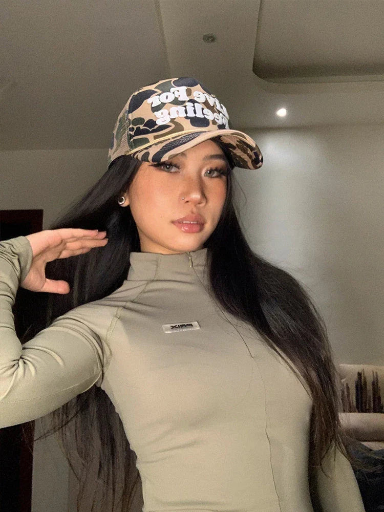 Stylish camouflage curved brim hat with embroidered lettering from Trendha