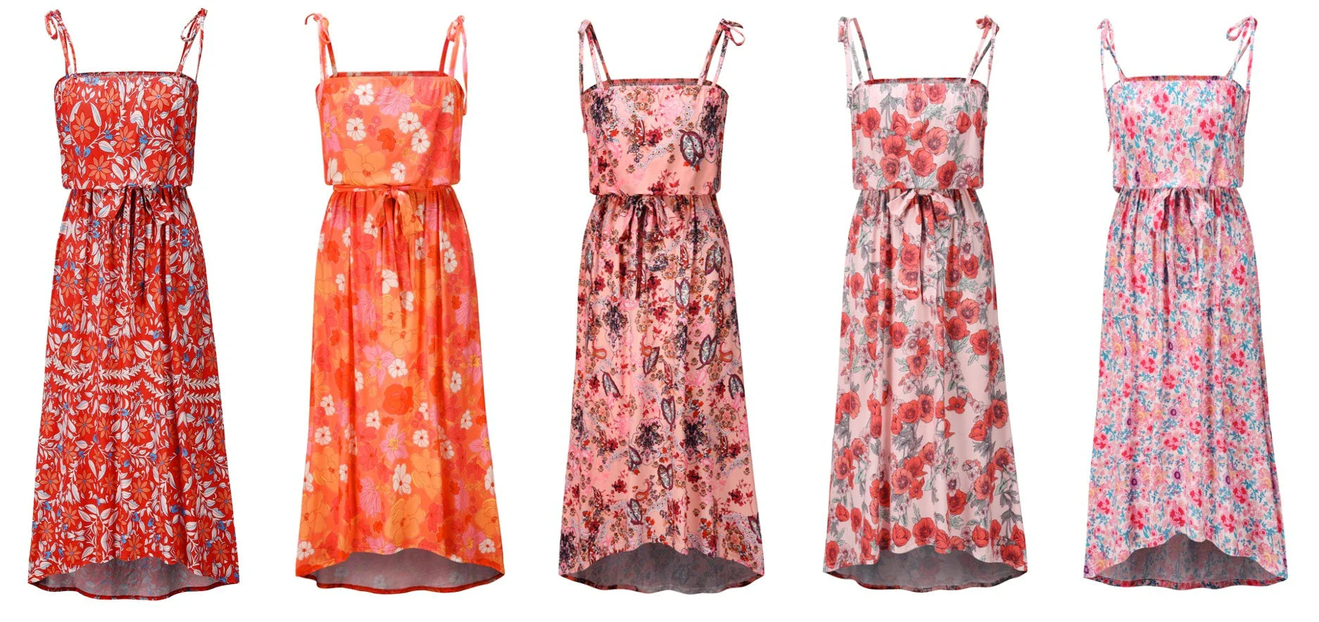A premium printed camisole dress in a vibrant red colour, featuring a flattering mid-length skirt and high-waist design for a sophisticated, feminine look.