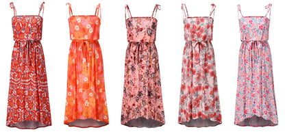 A premium printed camisole dress in a vibrant red colour, featuring a flattering mid-length skirt and high-waist design for a sophisticated, feminine look.