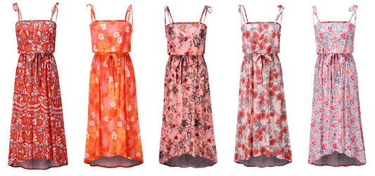 A premium printed camisole dress in a vibrant red colour, featuring a flattering mid-length skirt and high-waist design for a sophisticated, feminine look.