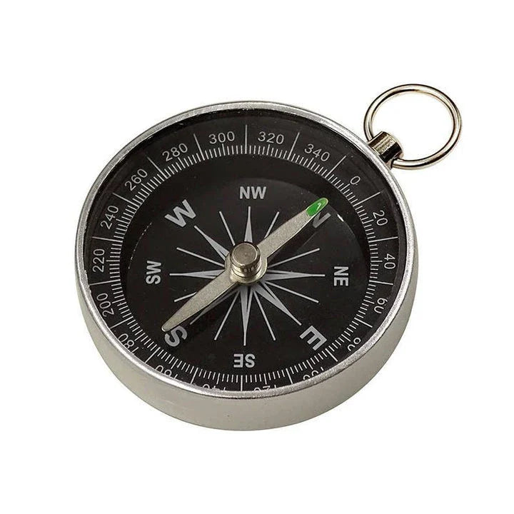 Compact aluminium compass keychain with tempered glass surface and bright compass face, perfect for outdoor adventures in the UK