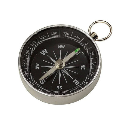Compact aluminium compass keychain with tempered glass surface and bright compass face, perfect for outdoor adventures in the UK