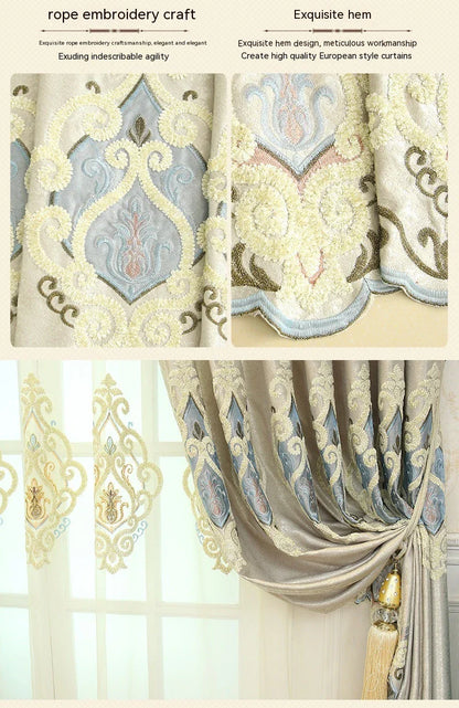 Elegant European-style embroidered mesh curtains in beige and grey shades, providing high sun protection and a modern, minimalist design.