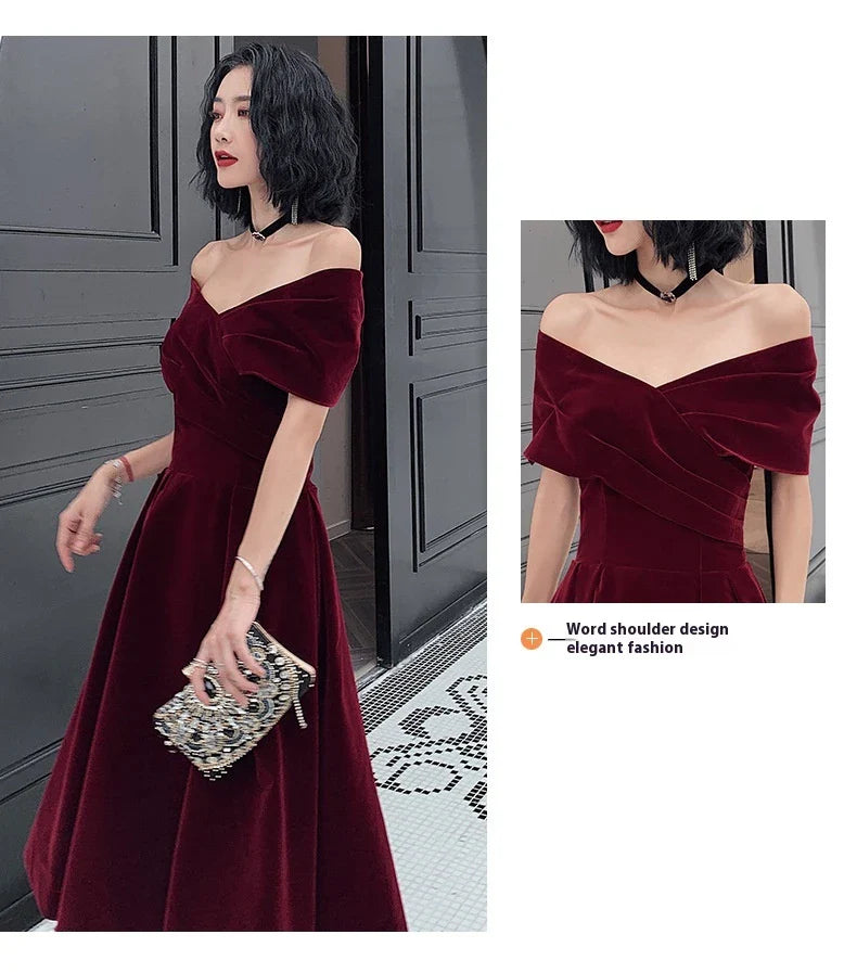 Off-shoulder wine red bridal dress with long, flowing skirt and tight waist for a sophisticated, elegant look