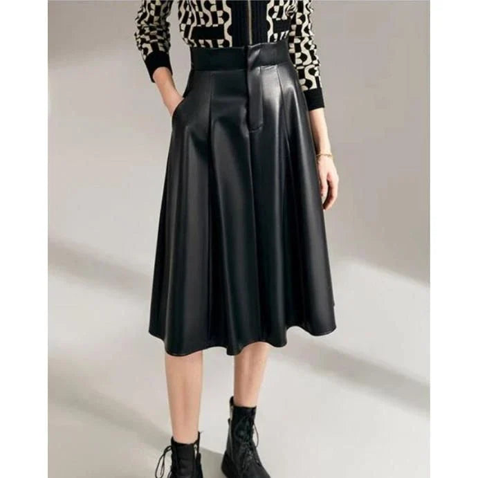 High-waist, A-line black PU leather skirt with a knee-length design for a sophisticated, elegant look
