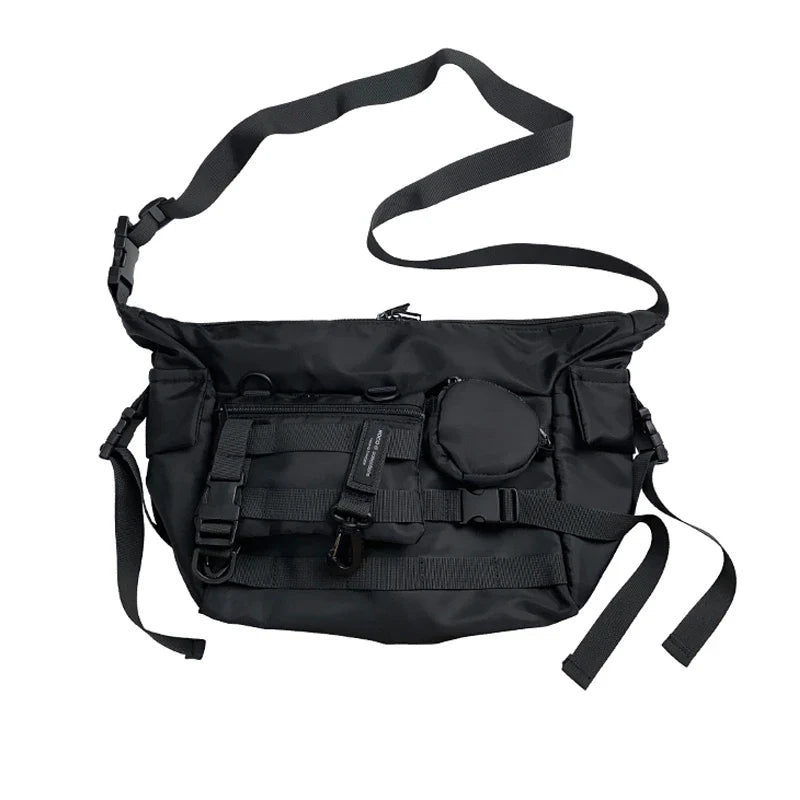 Premium nylon crossbody bag in black with adjustable strap and internal pockets for everyday use