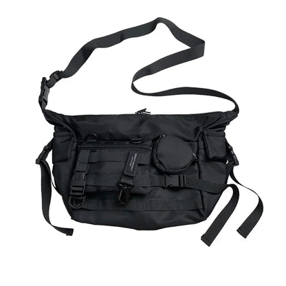 Premium nylon crossbody bag in black with adjustable strap and internal pockets for everyday use