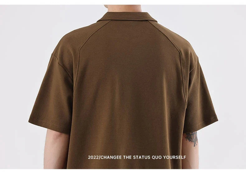 Refined cotton blend lapel shirt with half sleeves in a variety of colours, including brown, melange grey, and dark green