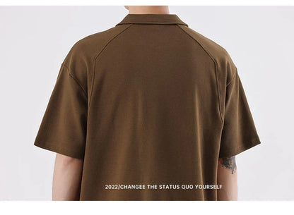 Refined cotton blend lapel shirt with half sleeves in a variety of colours, including brown, melange grey, and dark green