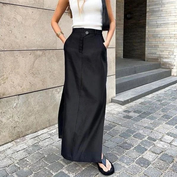 Elegant black ankle-length A-line skirt with pockets, made of high-quality polyester, spandex, and viscose blend fabric