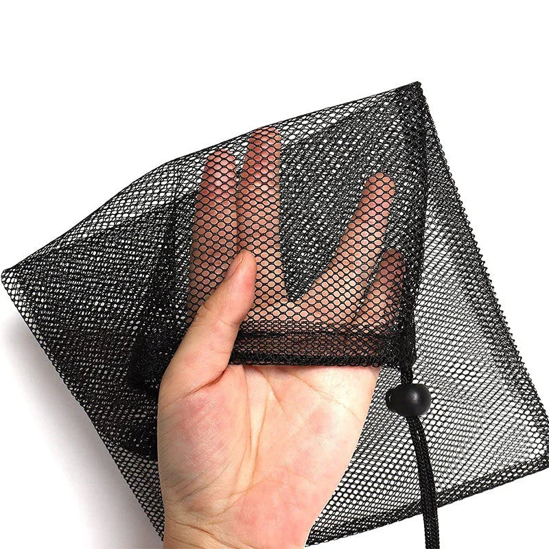 Multipurpose nylon mesh drawstring storage bag in two sizes for organising sports gear, laundry, and more