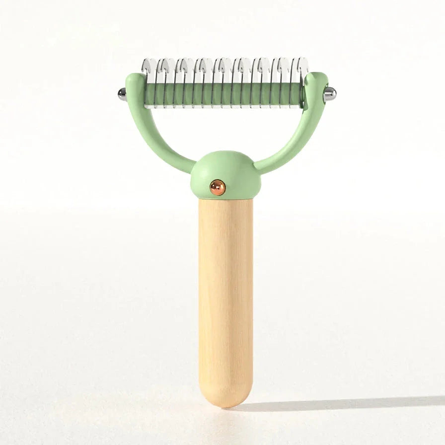 Double-sided pet hair comb with stainless steel blades and ergonomic wooden handle for effective grooming