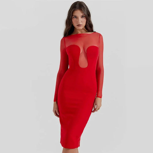 Sophisticated midi dress with sheer long sleeves, backless design, and bodycon fit for a flattering silhouette