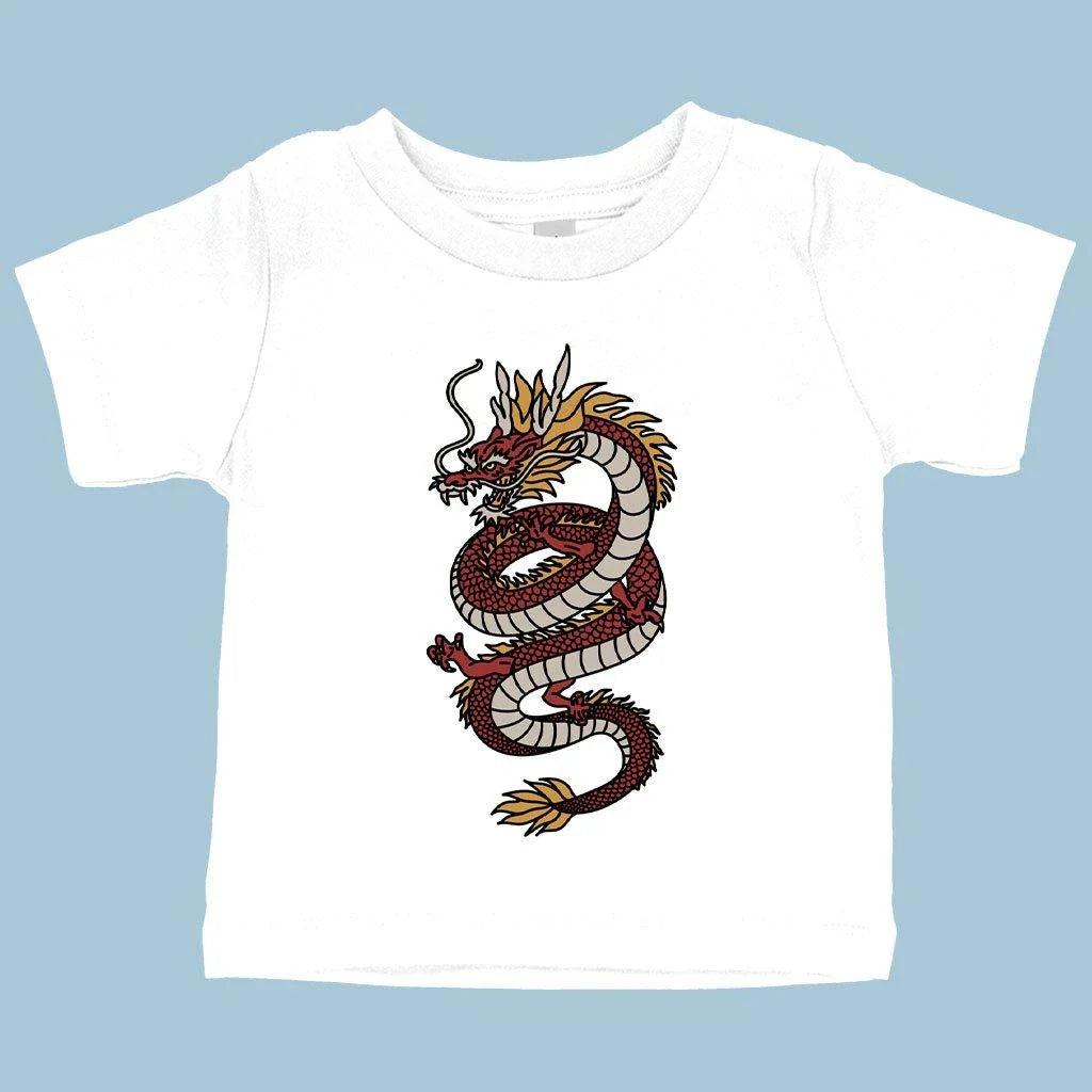 Soft, comfortable baby t-shirt with a playful dragon design, made from premium Airlume cotton