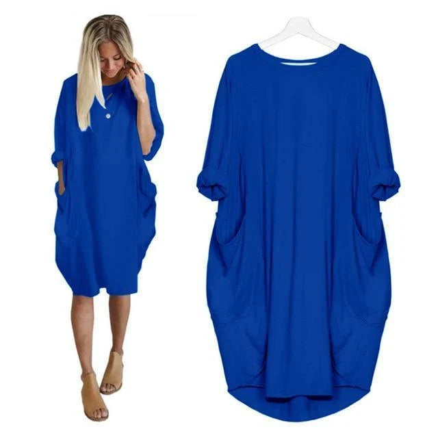 Stylish loose maxi dress with swing stitching detail in various colours, including grey, black, army green, and pink.