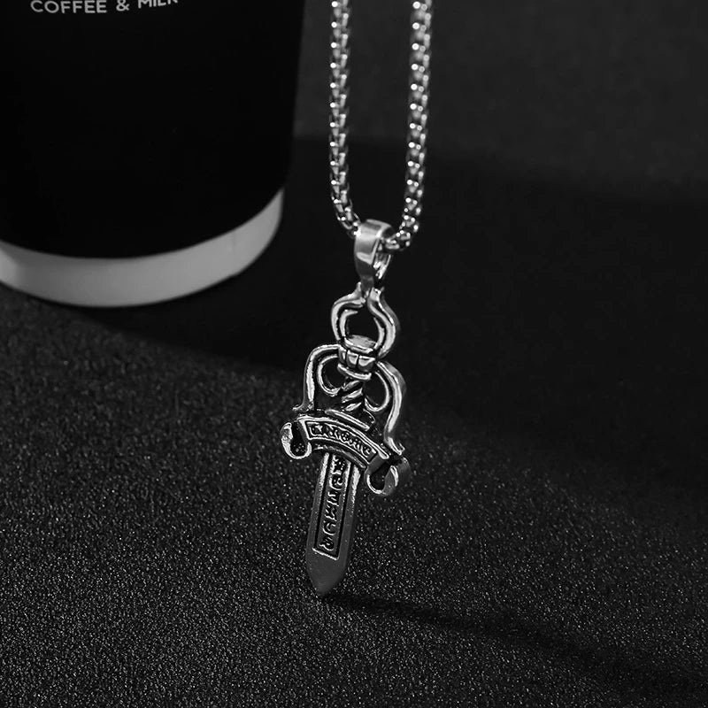 Men's Vintage Cross Sword Punk Pendant Necklace made of premium titanium steel with a sleek silver finish and elegant design