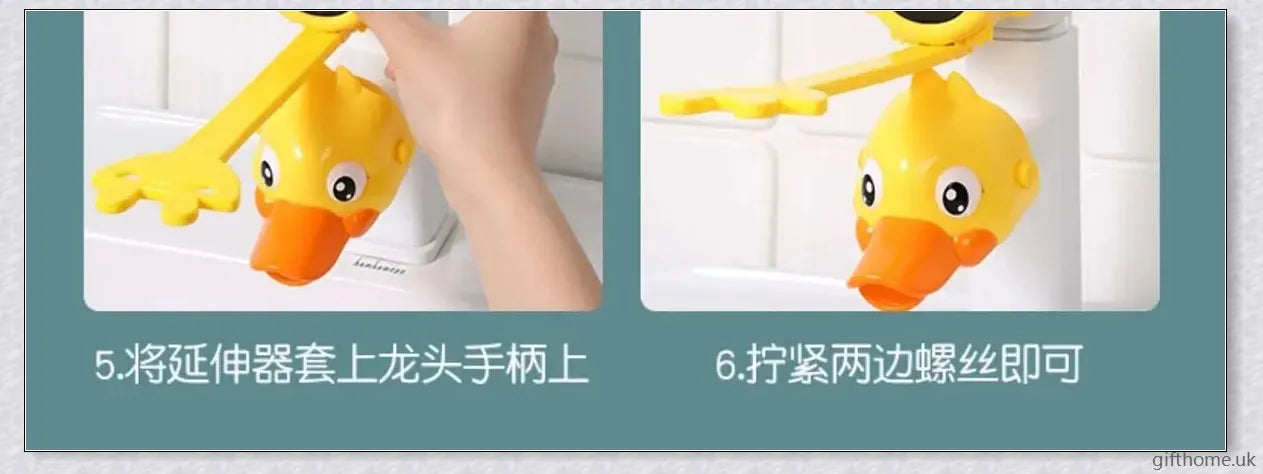 A yellow duck-shaped faucet extender that elevates a child's hand-washing experience at the sink
