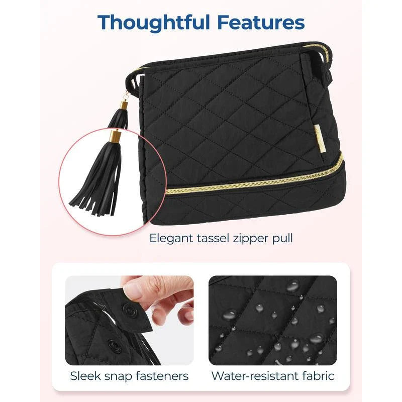 Double Layer Makeup Cosmetic Bag in soft pink colour with stylish tassel zippers and secure side clasps